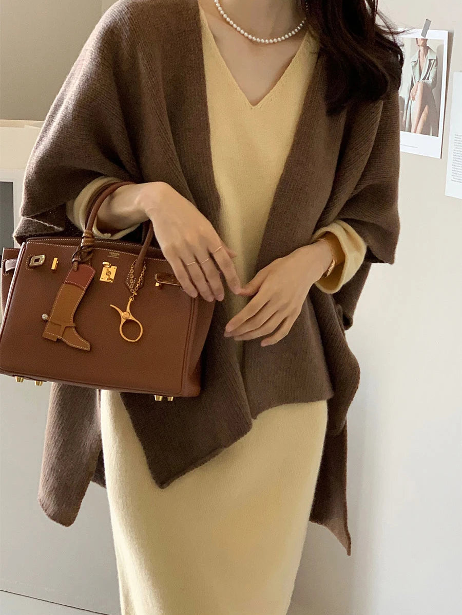 Korean Style Knitted Shawl Jacket Women's Casual Warm Knitted Cardigan Cloak Elegant Solid Color Women's Knitted Cardigan