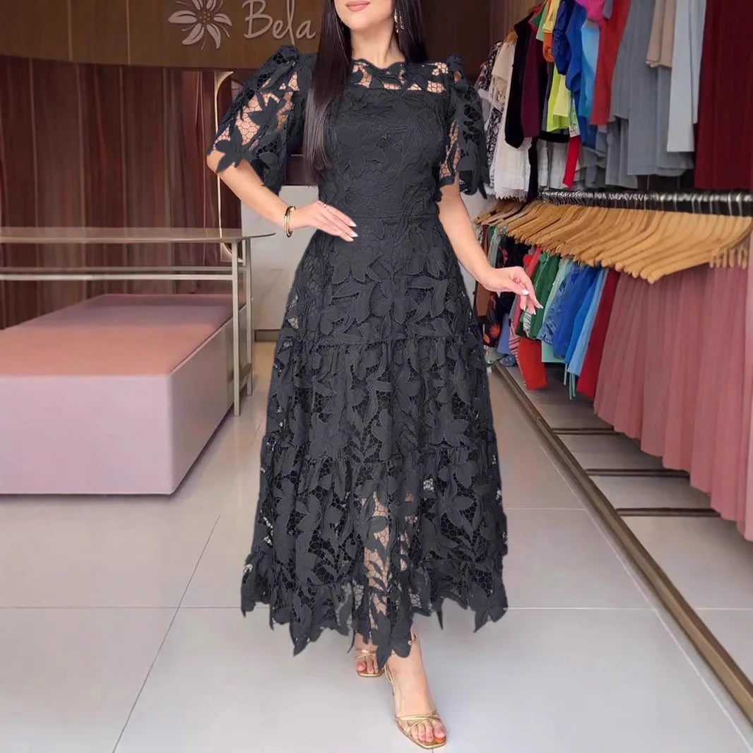 Women Hollow Out Dresses A Line Solid Dress Ankle