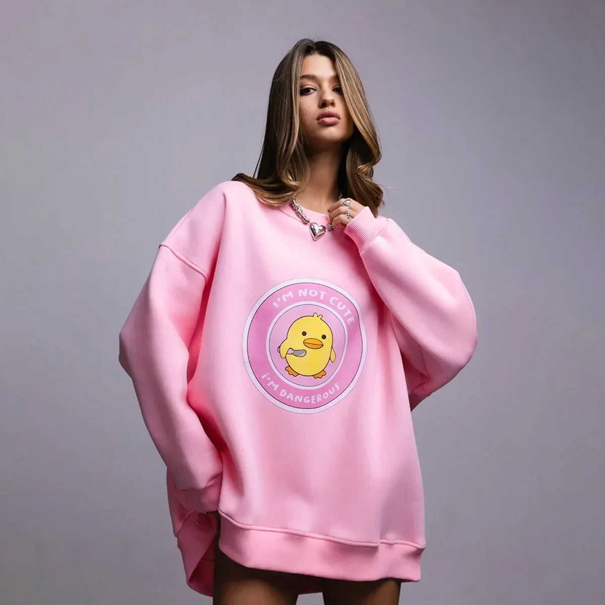 Bornladies Women's Loose Round Neck Sweatshirt Oversized Chic Printing Hoodies Casual Autumn Winter Warm Female Trendy PulloverT