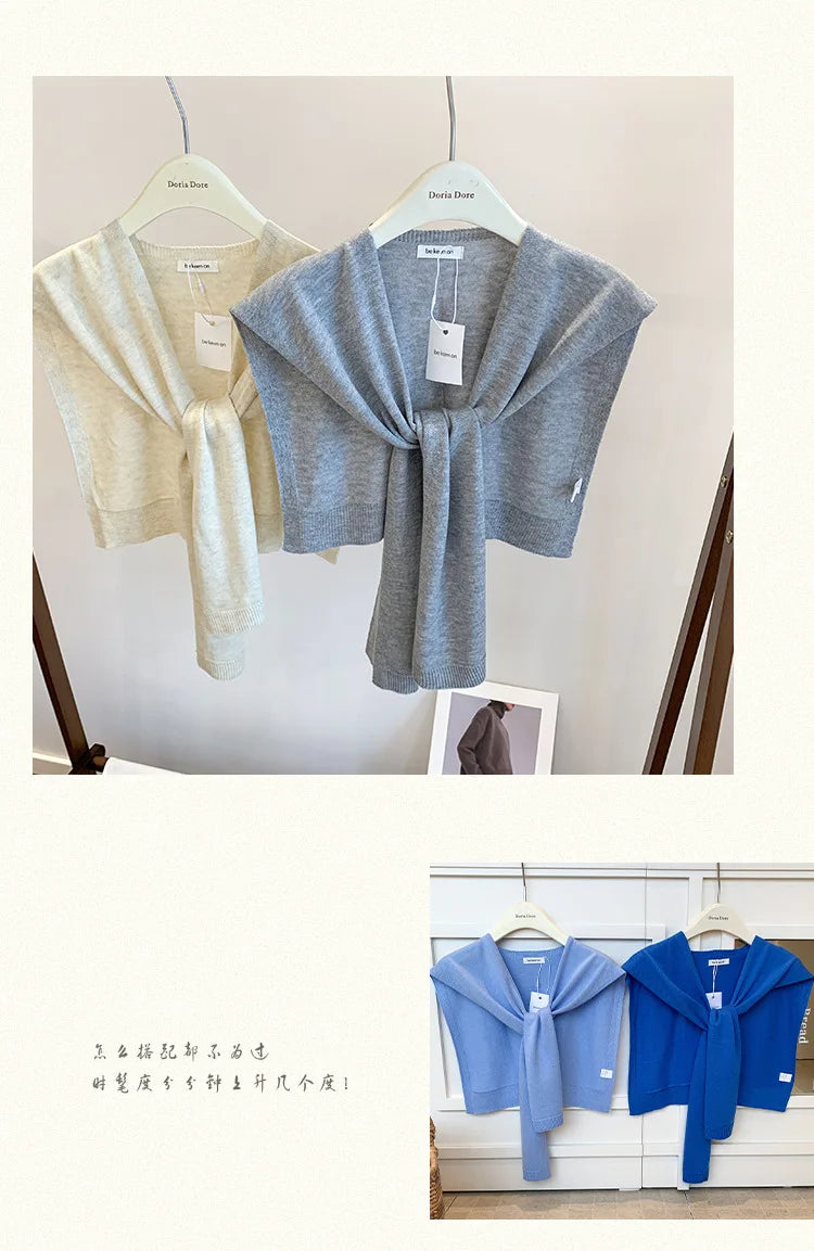 Korean Knitted Shawl Summer Fashionable Versatile Fake Collar Neck Guard Knotted Cape Shoulder Scarf Solid Color Scarve Women