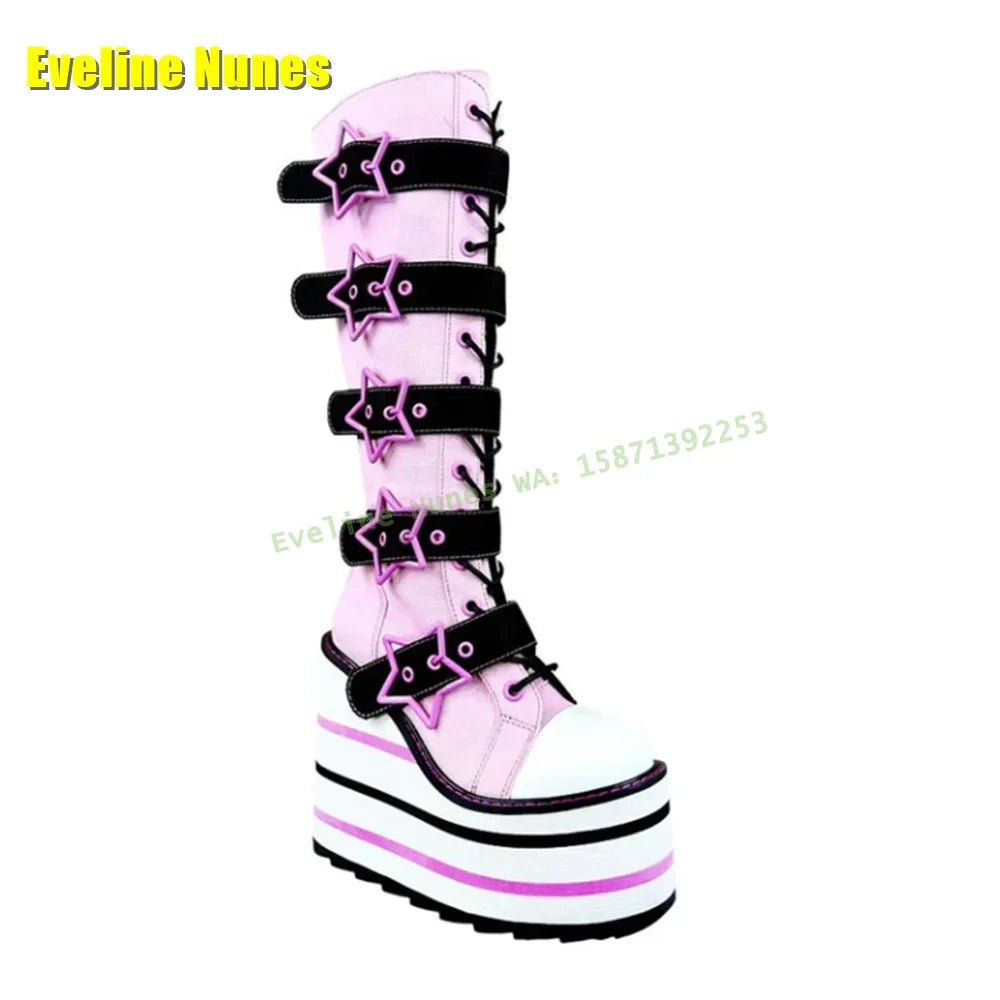 Star Metal Buckle Stripe Y2K Fashion Boots Round Toe Wedges Height