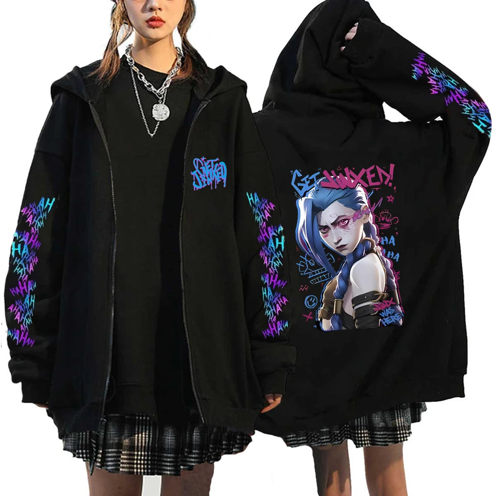 Arcane-Jinx Zipper Hoodie Harajuku Anime Monkey Graffiti Pullover Sweatshirt Men Women Streetwear Gothic Game Lover Zip Hoodie