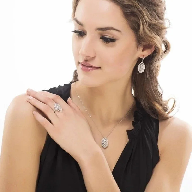 Women's Fashion Art Deco Cubic Zirconia Jewelry CZ Necklace Earrings Ring Bridal Engagement Wedding Jewelry Set Gift