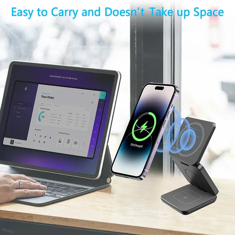 3 in 1 Foldable Magnetic Wireless Charger Stand Macsafe for iPhone 15 14 13 12 Apple Watch 8 7 6 Airpods Fast Charging Station