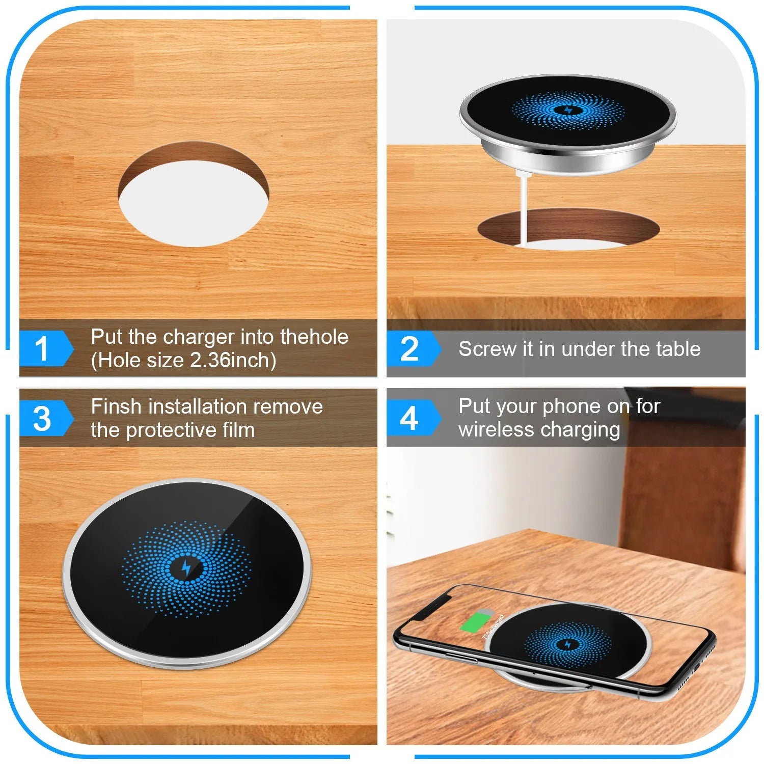 QI Wireless Charger Waterproof Aluminum Mirror Built-In for iPhone13-15 Pro Max Office Public Desktop Wireless Charger Built in