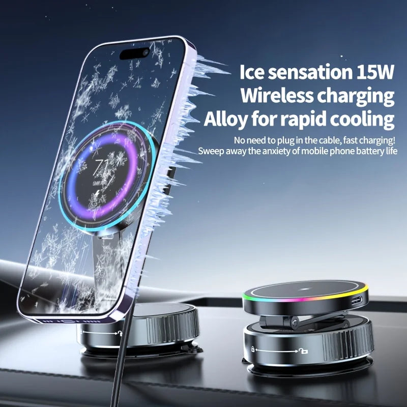 Magnetic Car Wireless Charger RGB Light Phone Holder Stand 360° Rotate Vacuum Suction Cup For Magsafe iPhone 12-16 Fast Charging