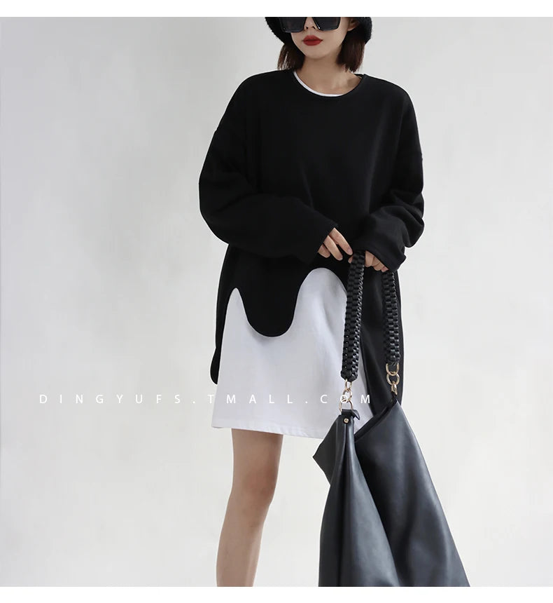 SuperAen Spring Summer 2023 New Sweatshirt Women's New Design Irregular Loose Long Sleeves Round Neck Layered Top
