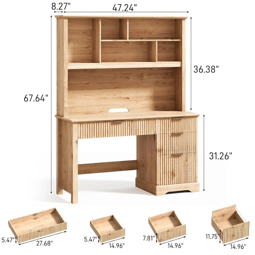 Fluted Computer Desk with Hutch Wood