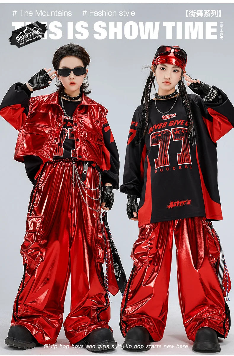 Boys Hip Hop Sweatshirt Shiny Vest Street Dance Cargo Pants Girls K-pop Clothes Set Kids Jazz Red Costumes Children Streetwear