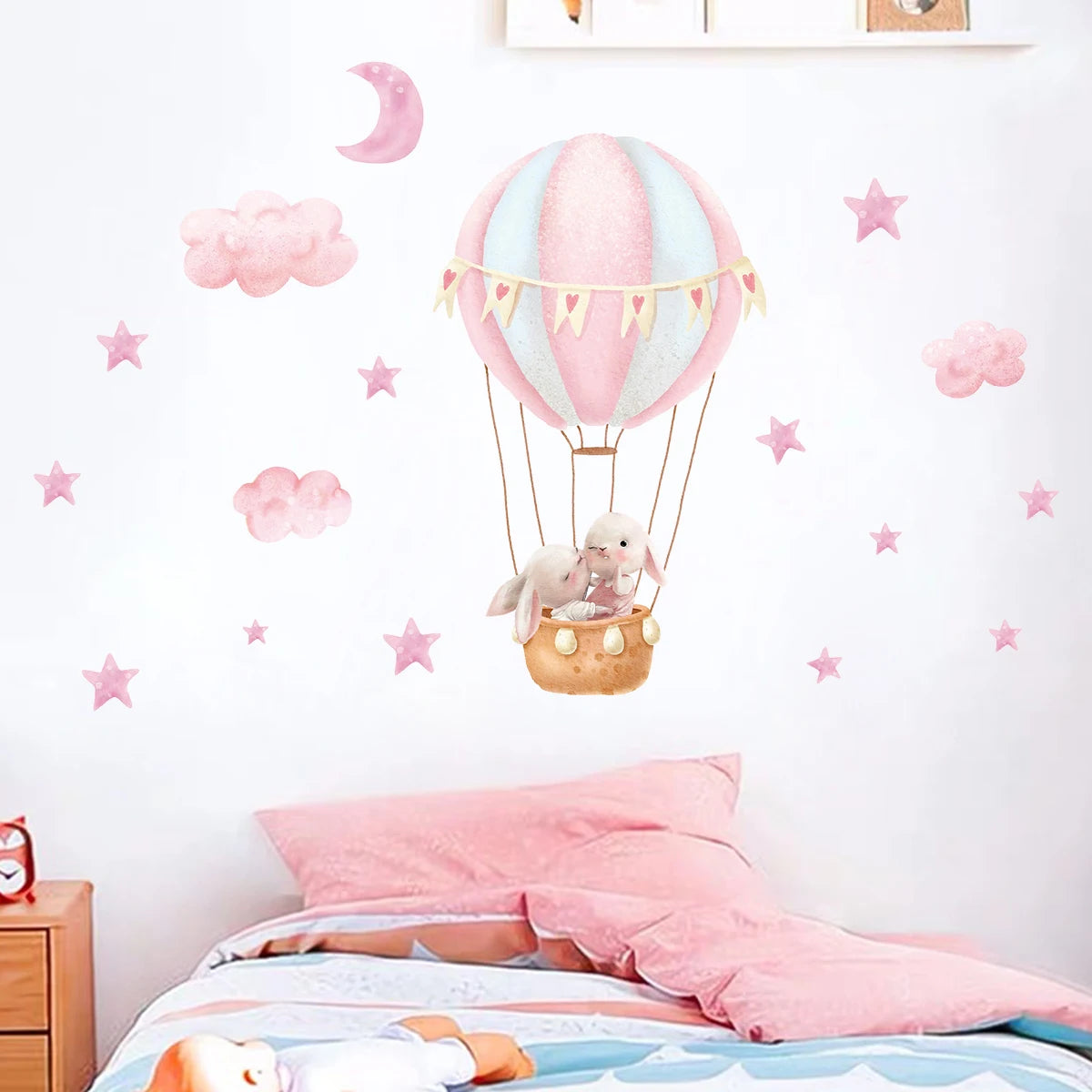 1Pc Cartoon Cute Animals Rabbit Balloon Wall Sticker Decoration for Bedroom Girls Gift Wall Art Home Decor Living Room Kids Room