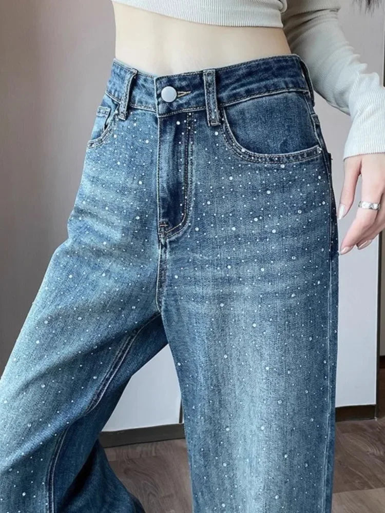 Fashion Y2K Hot Drilling Jeans High Waist Wide Leg Pants Spring