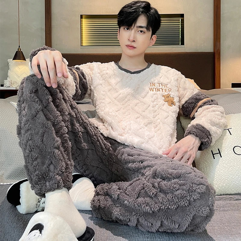 Men's Winter Jacquard Weave Flannel Pajamas Set Coral Fleece Cartoon Sleepwear Homewear Thick Warm Male Suit Fall Sweatshirt 5XL