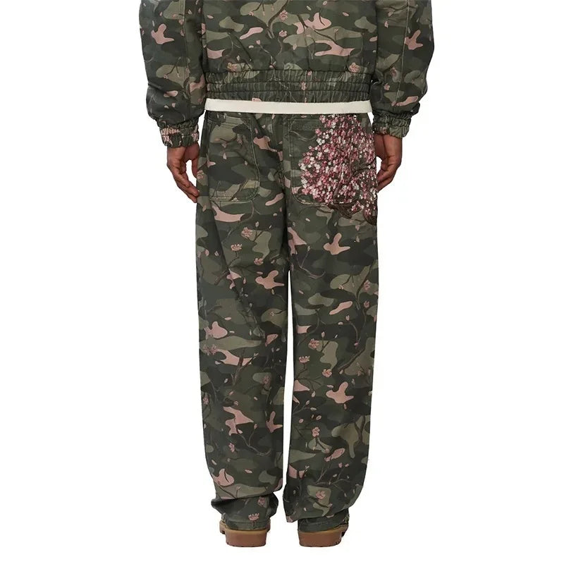 Mens Jeans Y2K Sakura Embroidery Camo Denim Pants Harajuku Unisex