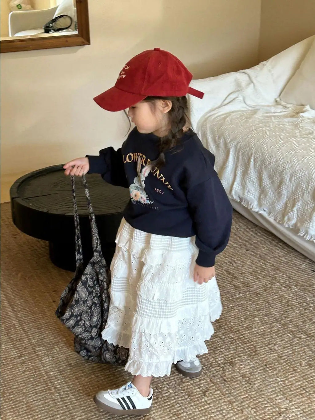 Korean Girls 2024 Navy Blue Cute Rabbit Sweatshirt+ White Lace Cake Skirt Girl 2pcs Cotton Set Fashion Baby Spring Autumn Outfit