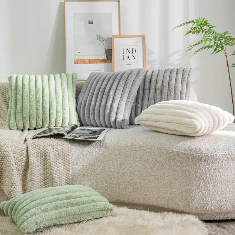 Artificial Rabbit Fur Square Cushion Cover Simple Stripe Super Soft Pillowcase 45x45 Cm Sofa Decorative Cushion Cover