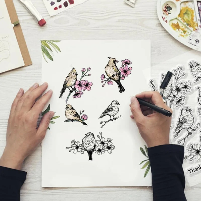 1Sheet Flowers Birds Clear Stamps Flowers Birds Decorative Clear Stamps Silicone Stamps for Card Making and Photo Album Decor