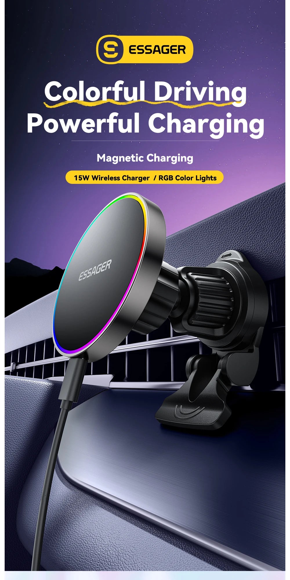 Essager 15W Car Charger Holder Adjustable 360 Degrees Fast Charging Magnetic Car Holder Wireless Charger For iPhone 16 15 14 Pro