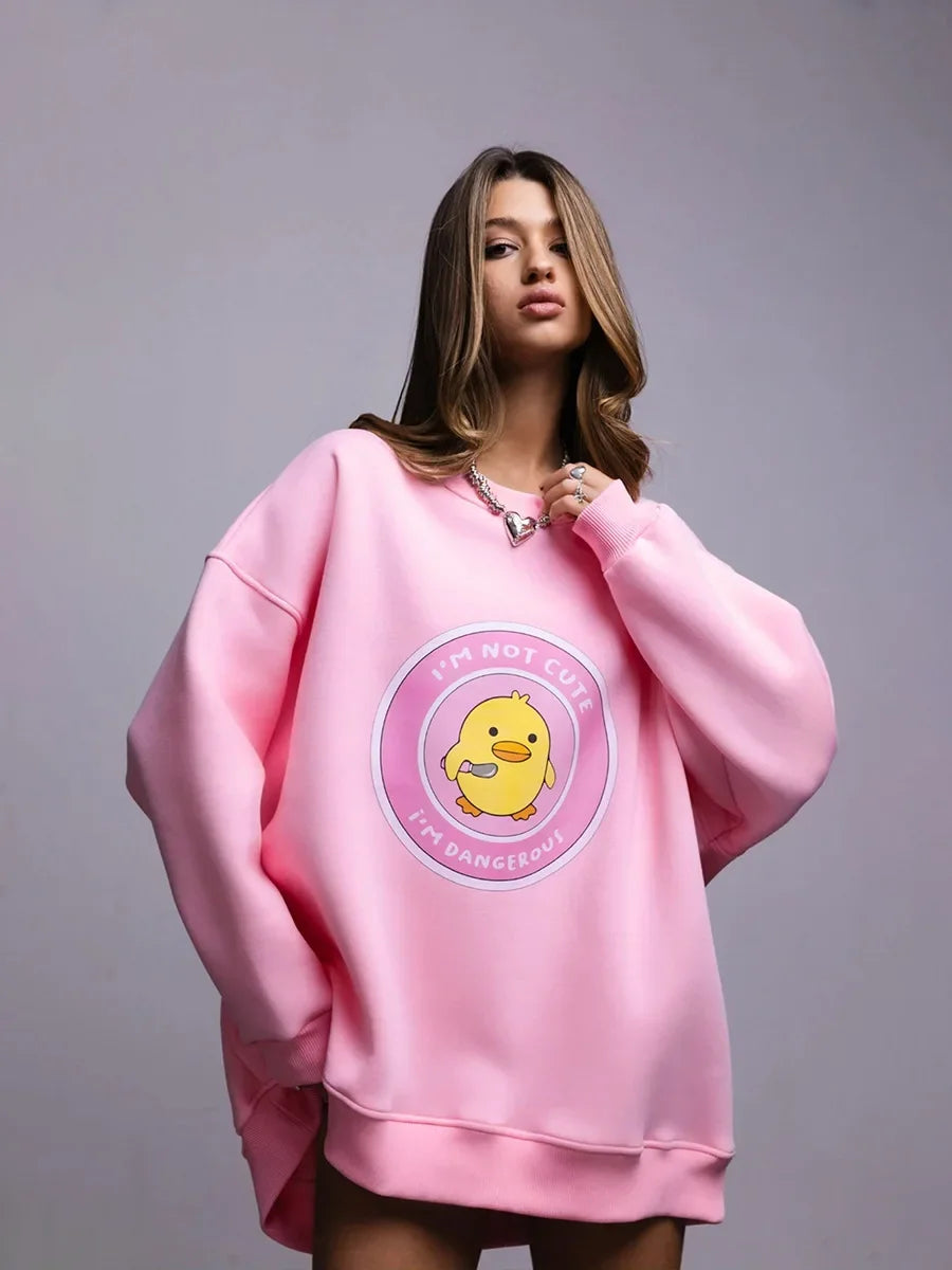 Bornladies Women's Loose Round Neck Sweatshirt Oversized Chic Printing Hoodies Casual Autumn Winter Warm Female Trendy PulloverT