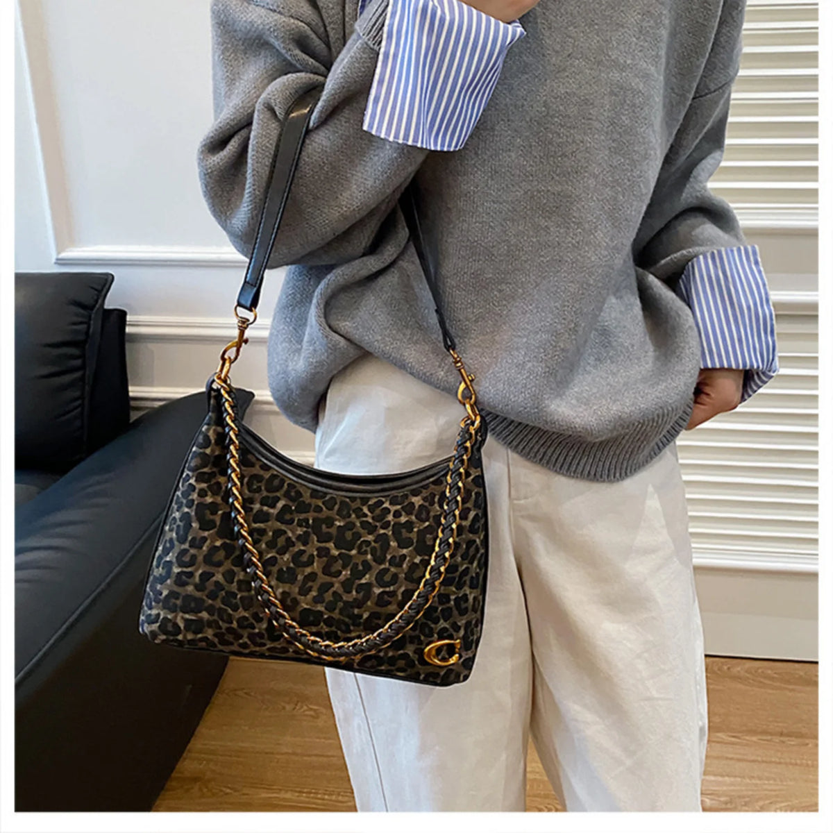 Leopard Print Chain Crossbody Bag Women's Y2K Style Single