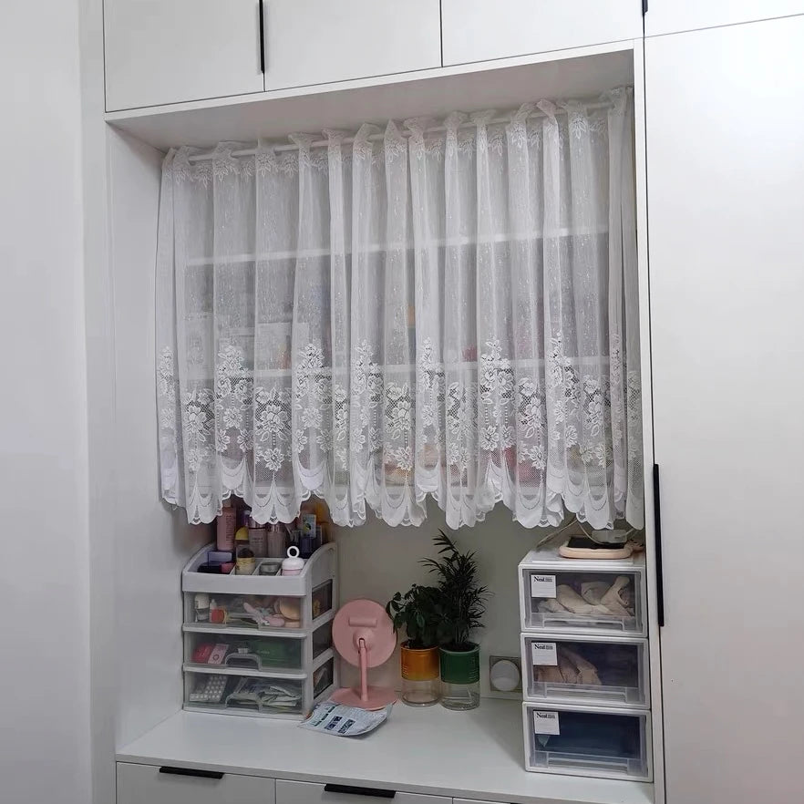 1pc White Lace Sheer Curtains Dining Room Kitchen Cafe Voile Valance Short Curtain Window Treatment Door Curtain Drapes