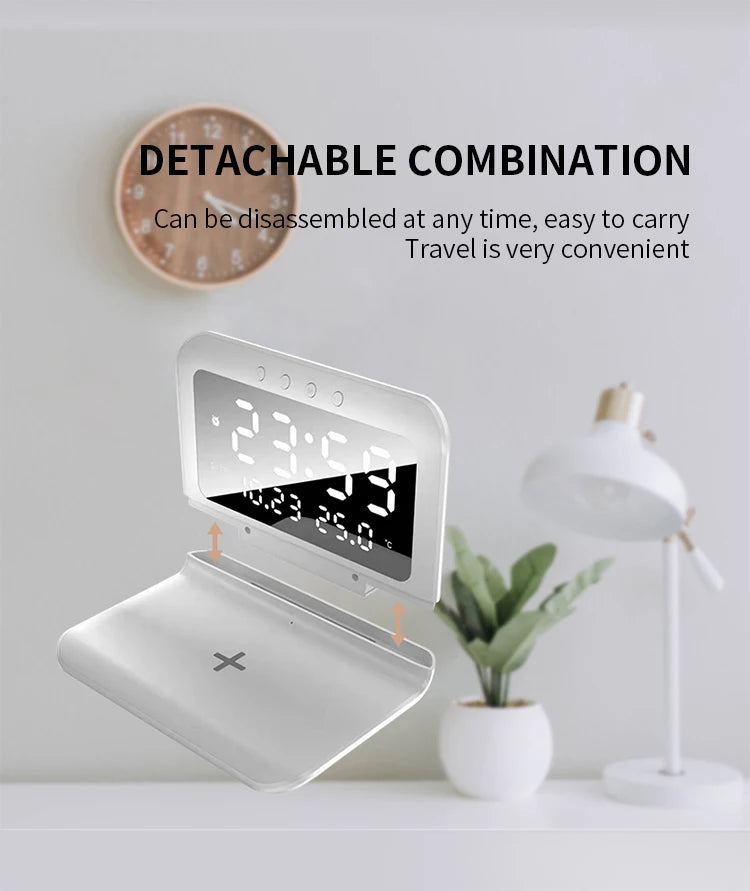 Wireless Charger Pad Stand with Alarm Clock Thermometer for iPhone 14 13 12 11 X Xiaomi Samsung 15W Phone Fast Charging Station