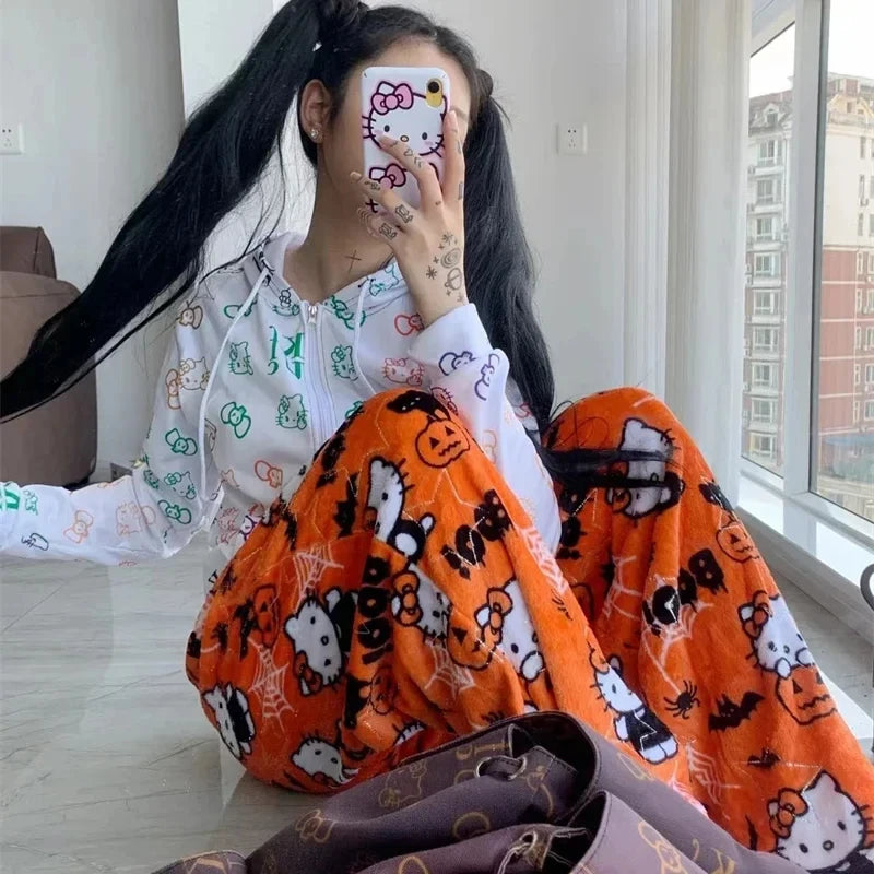 Y2K Hello Kitty pajamas anime women's pajamas Cartoon Fashion Home Sleepwear Trousers Leisure Home Clothing Winter Trouser