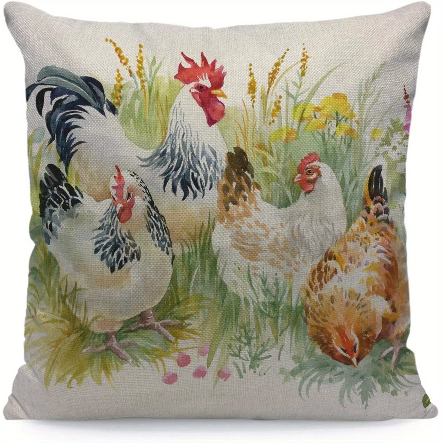 Beige Chicken Rooster Farm House Pillow Cover Square Linen Cushion Cover, Home Decor, Collectible Buildings Accessories