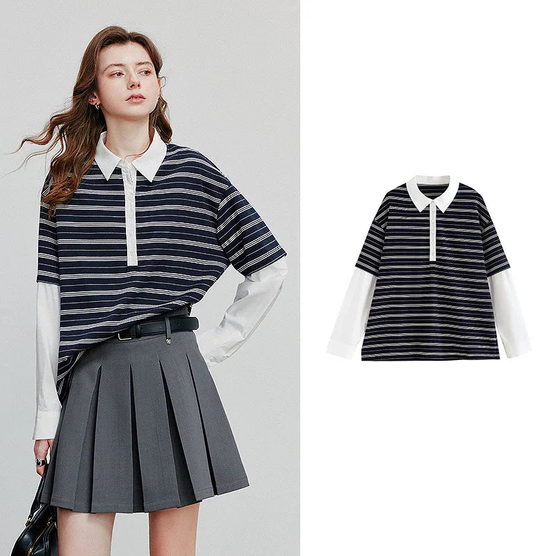 TOYOUTH Women Hoodies Sweatshirt 2025 Autumn New Spliced Fake Two Piece Polo Collar Striped Casual Pullover Tops