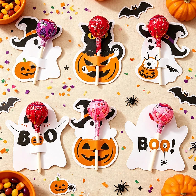 48pcs Ghost Lollipop Holder Happy Halloween Lollipop Cute Decoration Paper Card Trick Or Treat Candy Pack Halloween Party