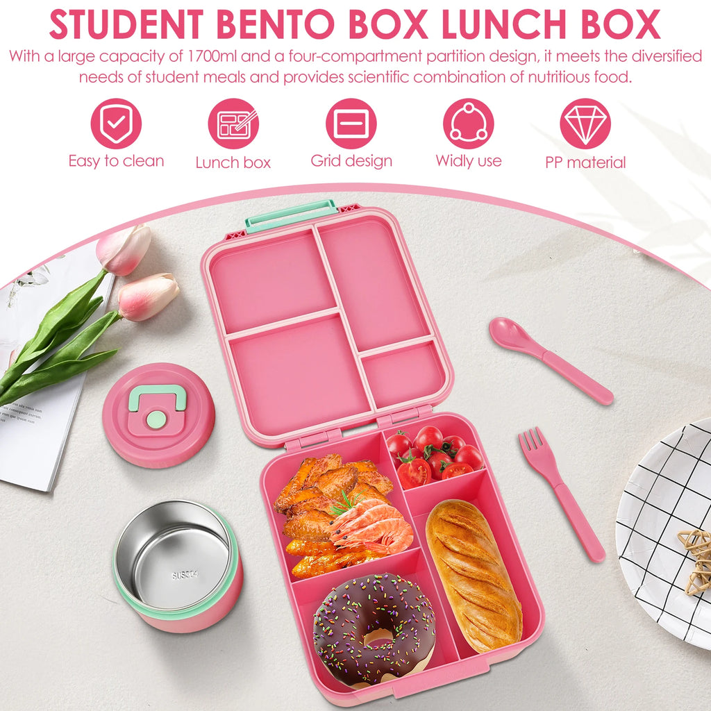 Children and adults outdoor 1700ml large capacity food meal box with four compartments leak proof design and soup can spoon fork
