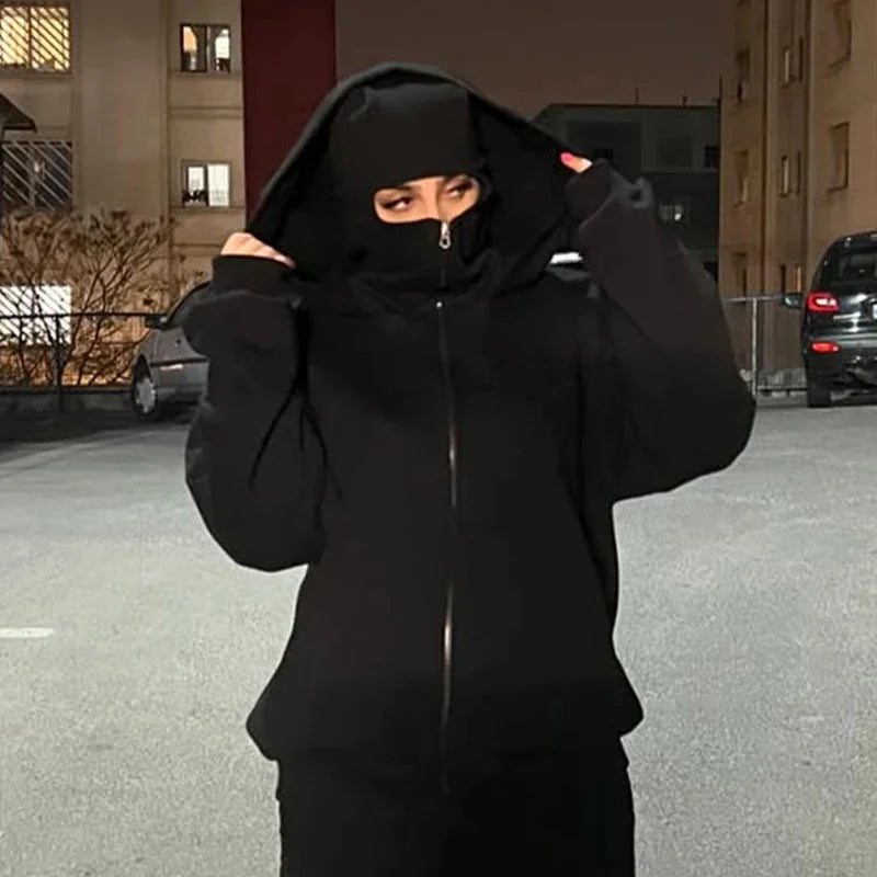 Balaclava Men Zip Hoodie Winter Warm Casual Sweatshirt Y2K with