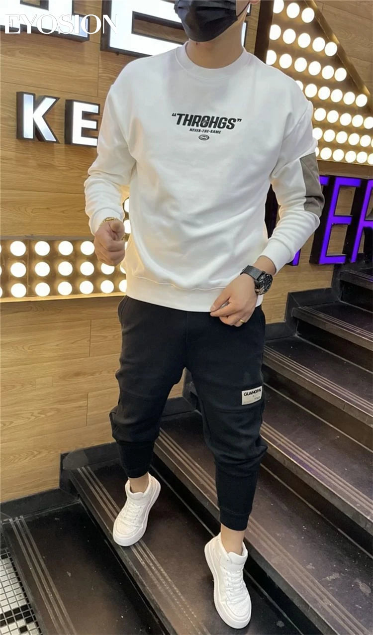 Autumn Youth Men's Sweatshirt Pullovers Letter Print Round Neck Slim Fit Thicken Hoody Long Sleeve Casual Sweatshirt Male Tops