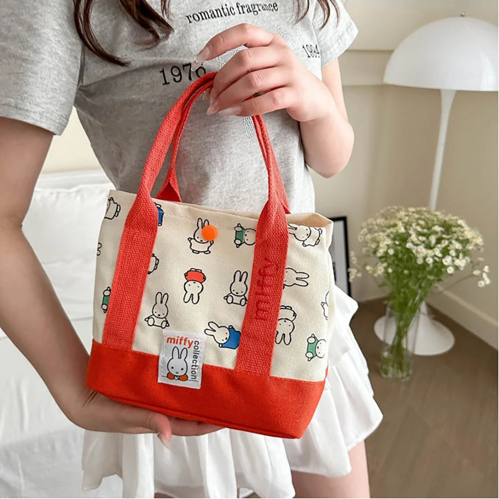 Kawaii Miffy Cute Handbag Cartoon Rabbit Canvas Embroidery Fashion Bento Multifunctional Storage Bag Girl Gift