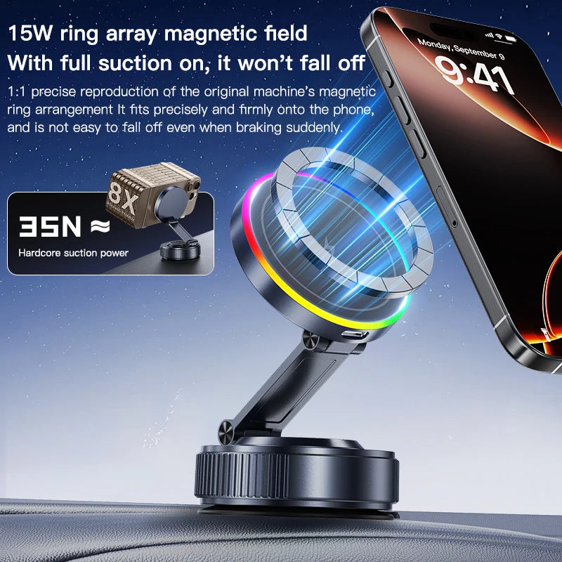 15W Car Magnetic Wireless Charger Vacuum Bracket Phone Holder for Magsafe iPhone 17~12 Pro Max Fast Charging Suction Cup Station