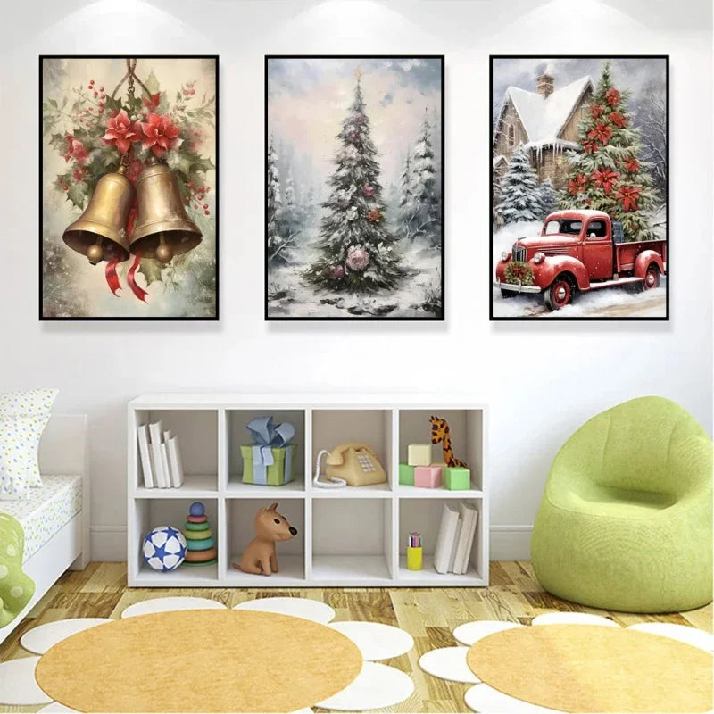 Vintage Holiday Christmas Santa Claus Winter Gingerbread Сottage Wall Art Posters Prints Canvas Painting for Room Home Decor