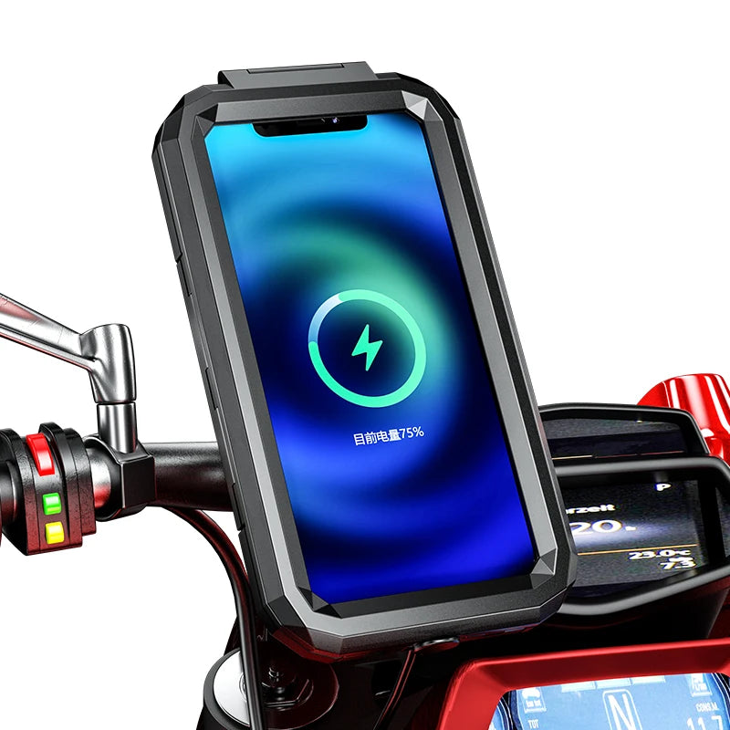 2022 Waterproof Case 12V Motorcycle Phone Holder Wireless Charger 15W Qi/ Type C PD USB Fast Charge Mount Box Double Socket Arms