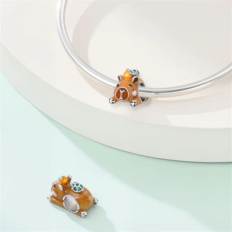 Cute Pet Series Capybara Couples Charms Eat Fruit Beads Fit DIY 925 Silver Bracelet Necklace Women Anniversary Jewelry Gift