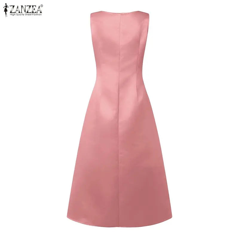 2026 Elegant Party Dress ZANZEA Stylish Women Satin Dress Summer Sleeveless OL Work Midi Dresses Solid A Line Waisted Sundress