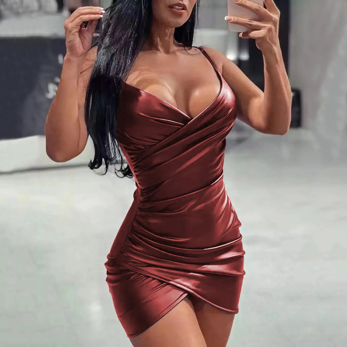 Short Evening Formal Dress Party Cocktail PU Leather Slim Wrap Hip Dresses Women's Glossy Curved Hem Cocktail Suspender Dress