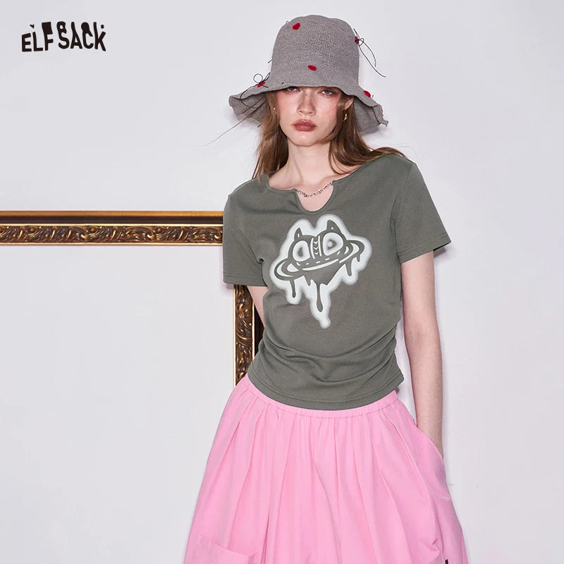ELFSACK Pink Drippy Heart Cat Print Crop T-Shirt Y2K