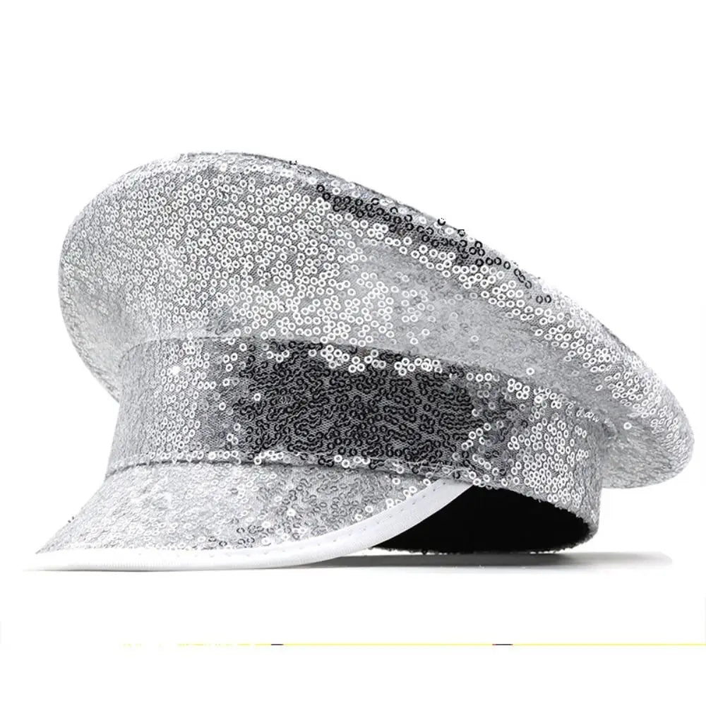Dance Props PU Leather Sequin Flat Top Hat Shiny Y2K Hats