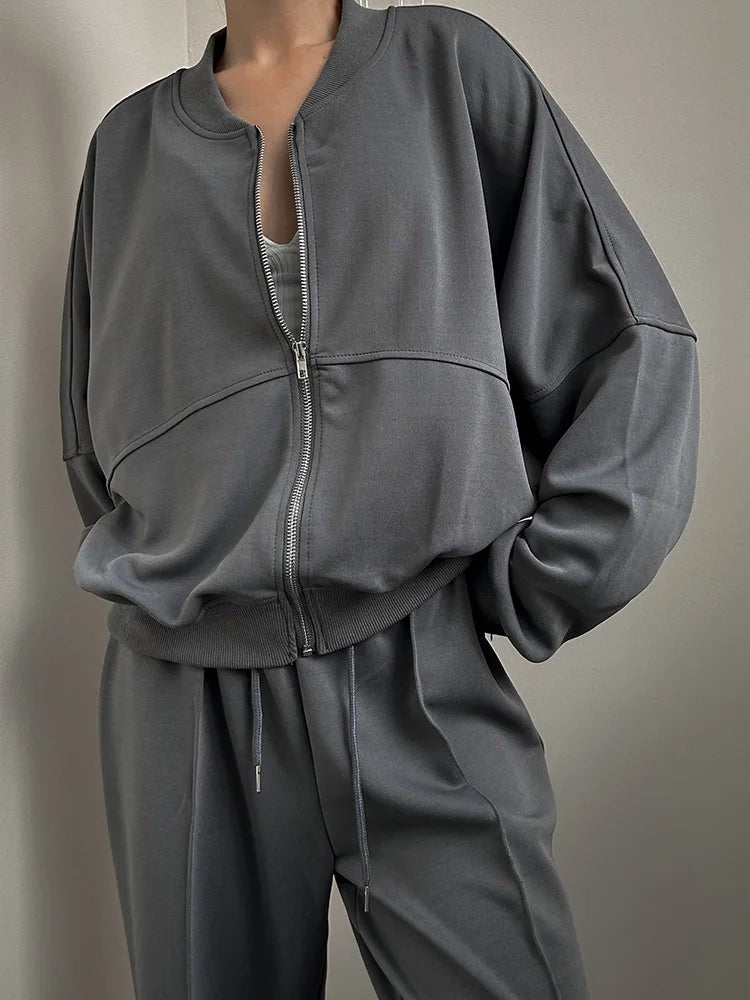 Gray Straight Pants Two Pieces Sets Women Outfit Long Sweatpants Street Wear Zipper Jacket Track Suits Sweatshirt Sets For Women