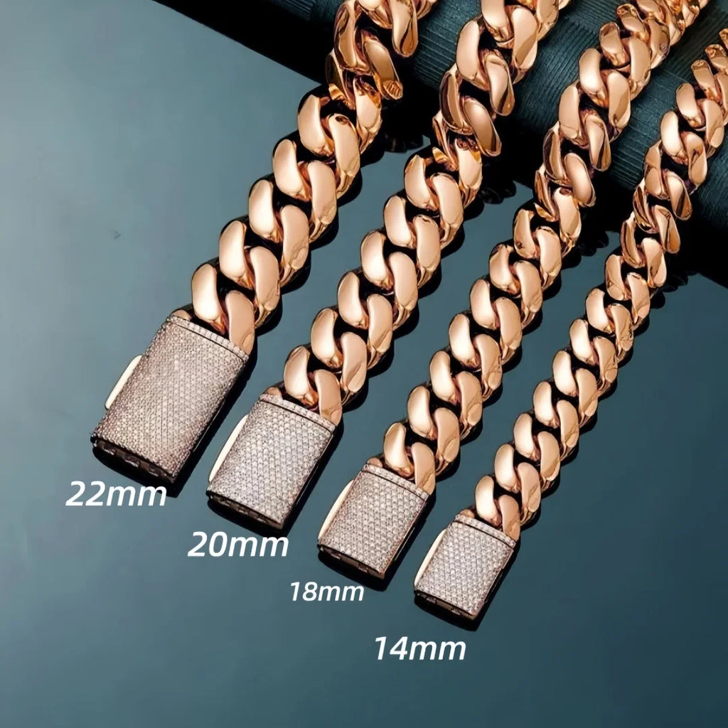 Men's Miami Cuban Link Chain, Heavyweight 316L Stainless Steel with Iced Out Moissanite Clasp, Rose Gold Color Hypoallergenic Never-Fade Finish, 14-22mm Necklaces, Heavy Chain, Chunky Necklace, 18-30 Inch,, Adjustable, Bold W