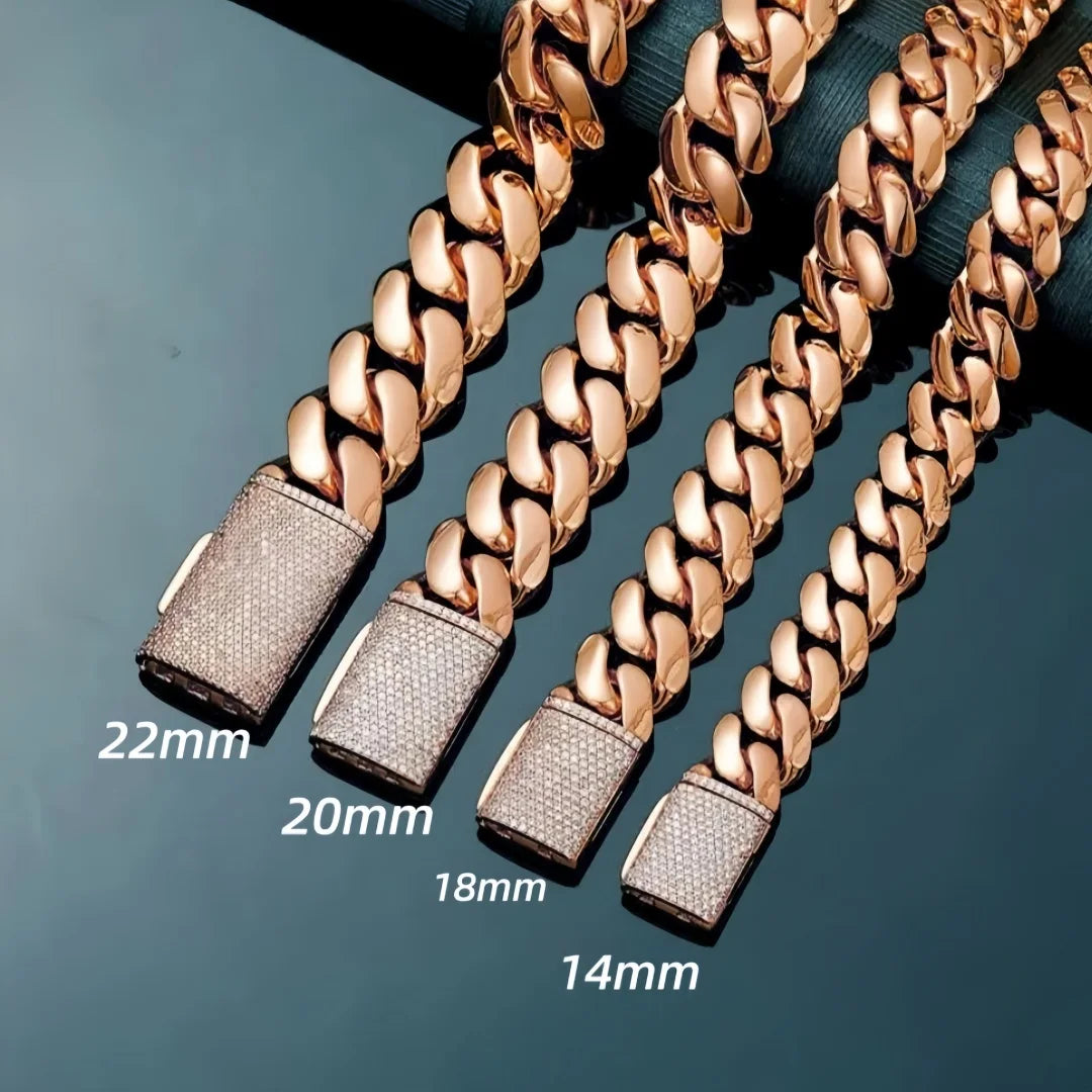 Men's Miami Cuban Link Chain, Heavyweight 316L Stainless Steel with Iced Out Moissanite Clasp, Rose Gold Color Hypoallergenic Never-Fade Finish, 14-22mm Necklaces, Heavy Chain, Chunky Necklace, 18-30 Inch,, Adjustable, Bold W