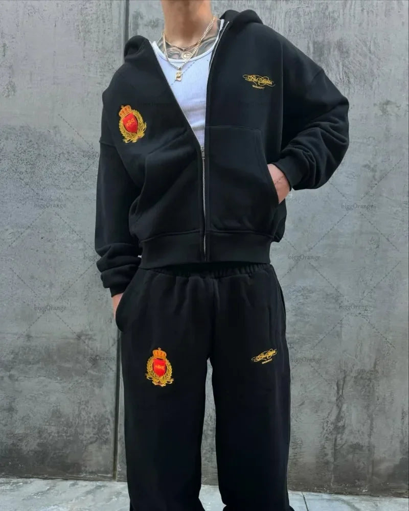 Hoodie Men American Hip Hop Casual Sweatshirt Harajuku Retro Fashion Street Clothing Pants Classic Letter Print Zipper Set