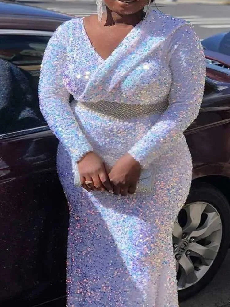 Woman Clothts Long Sleeve Maxi Dress High Waist New Year Luxury Sequined Party Sparkly Dresses V Neck Elegant Evening Dresses