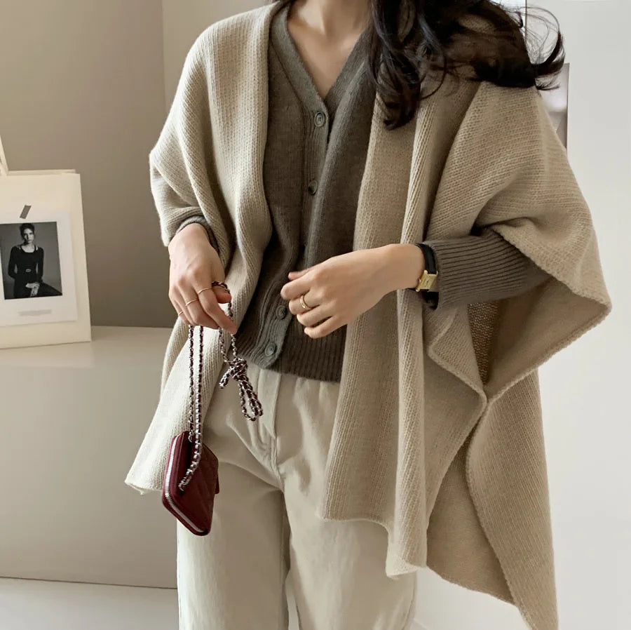 Korean Style Knitted Shawl Jacket Women's Casual Warm Knitted Cardigan Cloak Elegant Solid Color Women's Knitted Cardigan