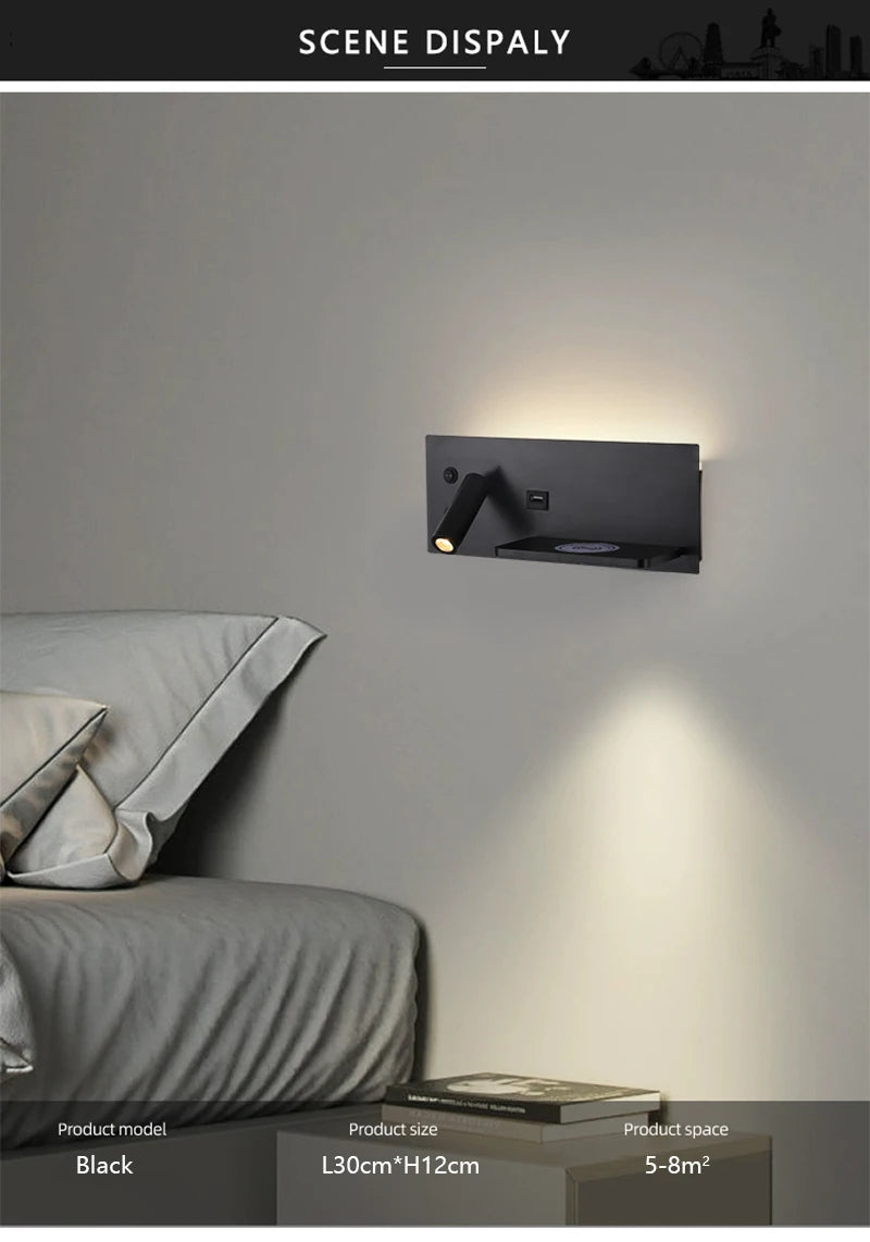 Multi Functional Wall lamp with Mobile phone Wireless charger switch USB interface Bedroom Night light LED Reading wall light