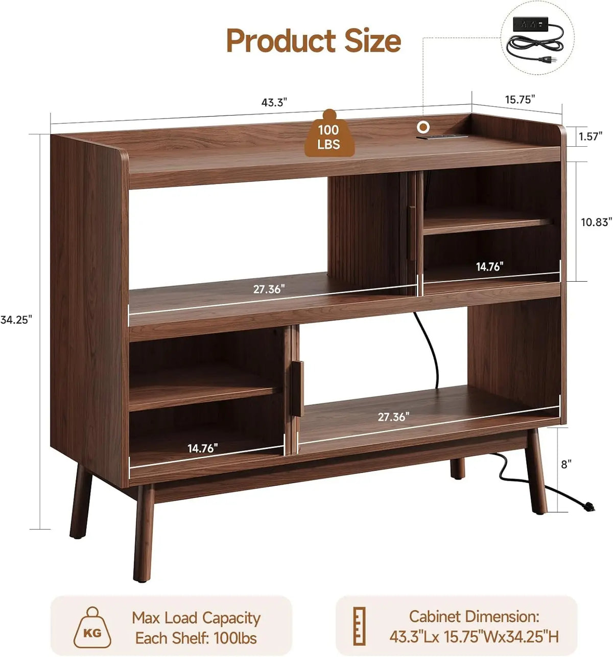Modern Electric Buffet Cabinet With Outlet, 44-Inch