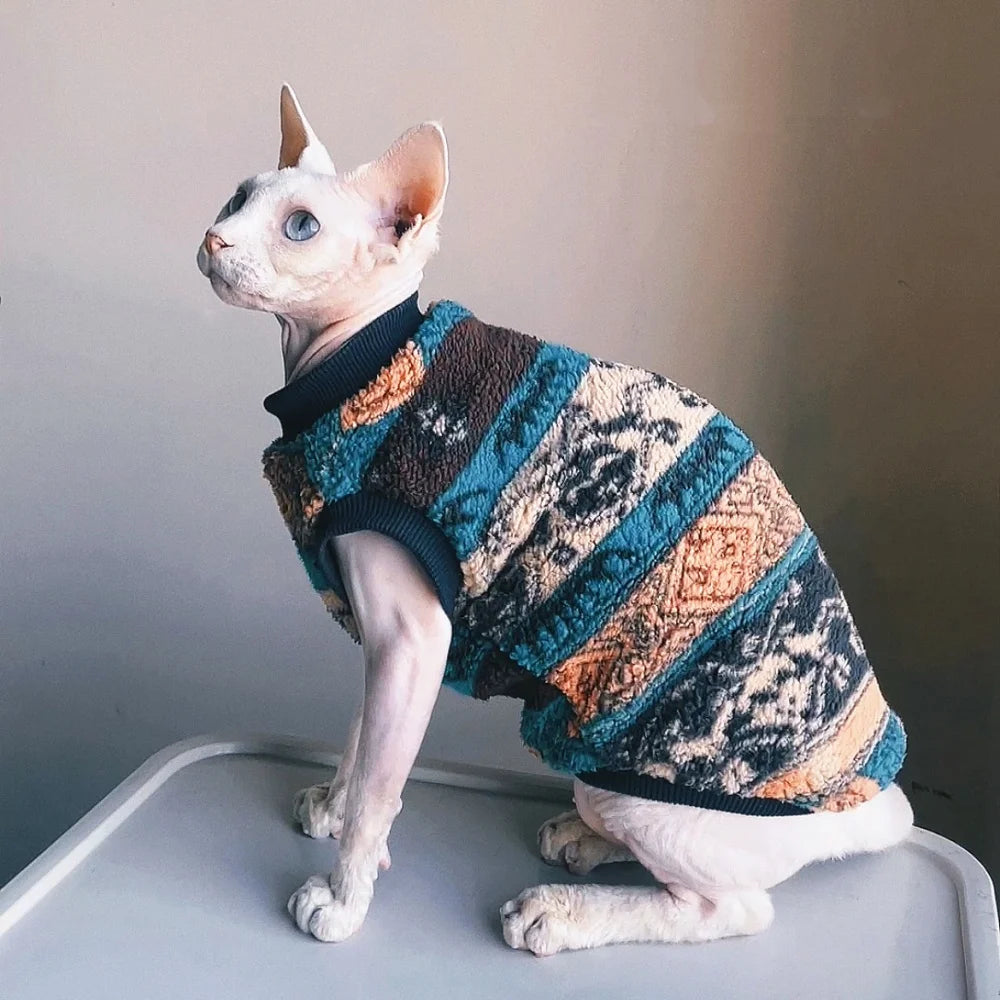 Christmas Sweater for Sphynx Cat Colorful Fleece Sweatshirt for Hairless Cat Winter Soft Short Sleeved Thick Pajamas for Kittens
